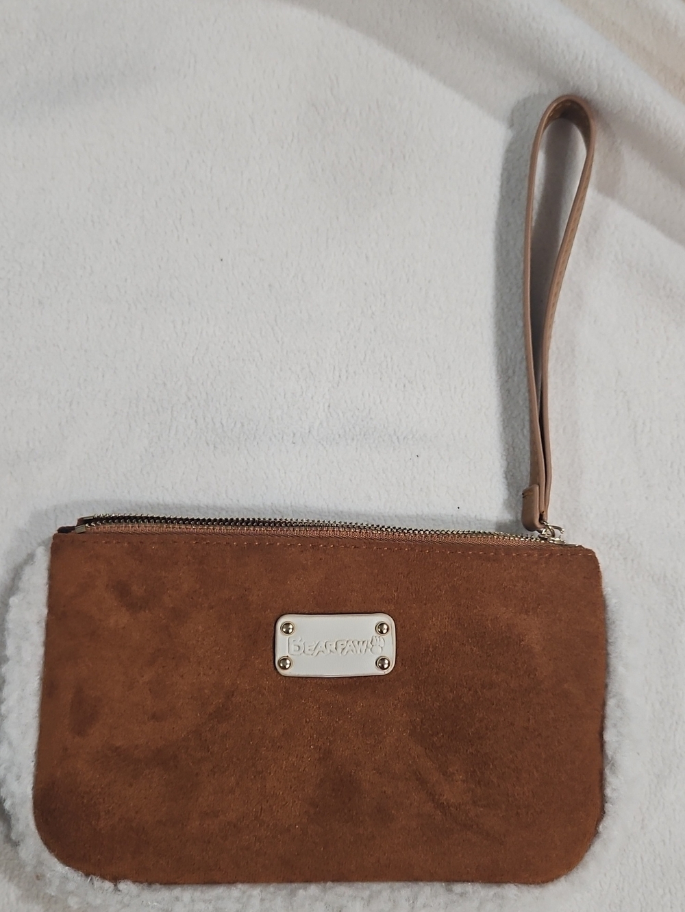 BearPaw Brown Suede Wristlet with Metal Logo Plate